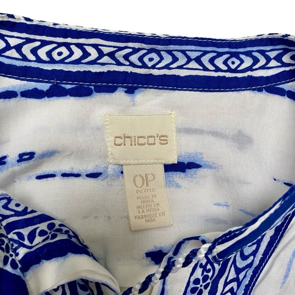 Chico’s Tie Dye Striped Floral Tassel Blouse 0P S White Blue Boho Coastal Top - Picture 13 of 14